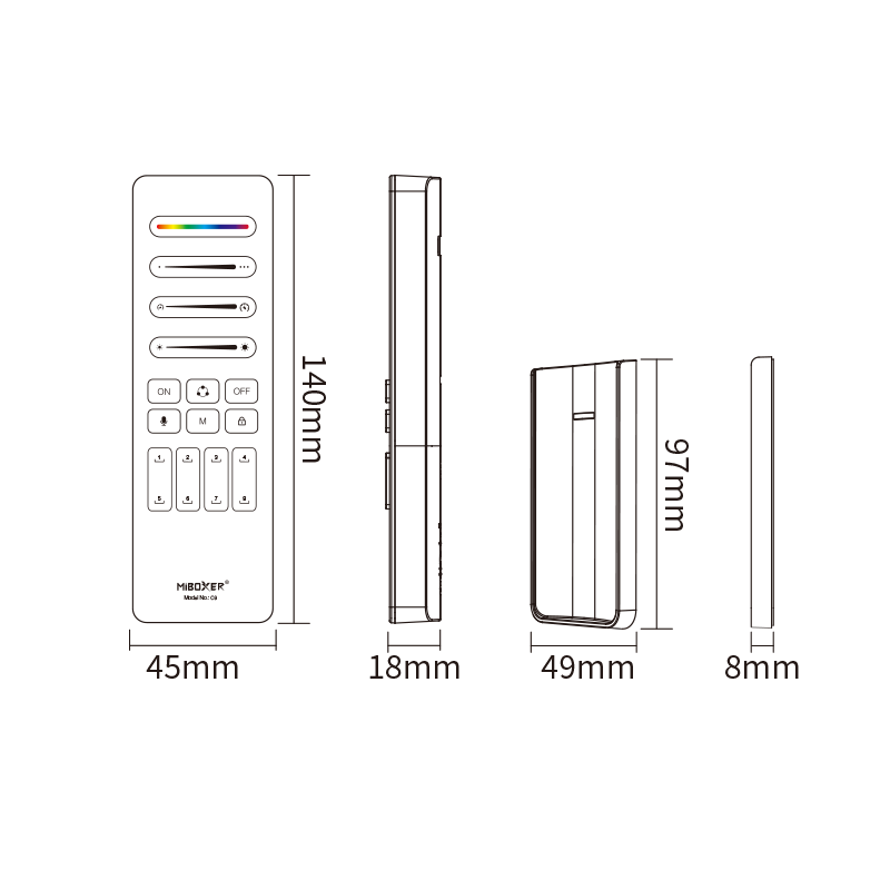 Mi-Light afstandsbediening Magic LED strip afmetingen