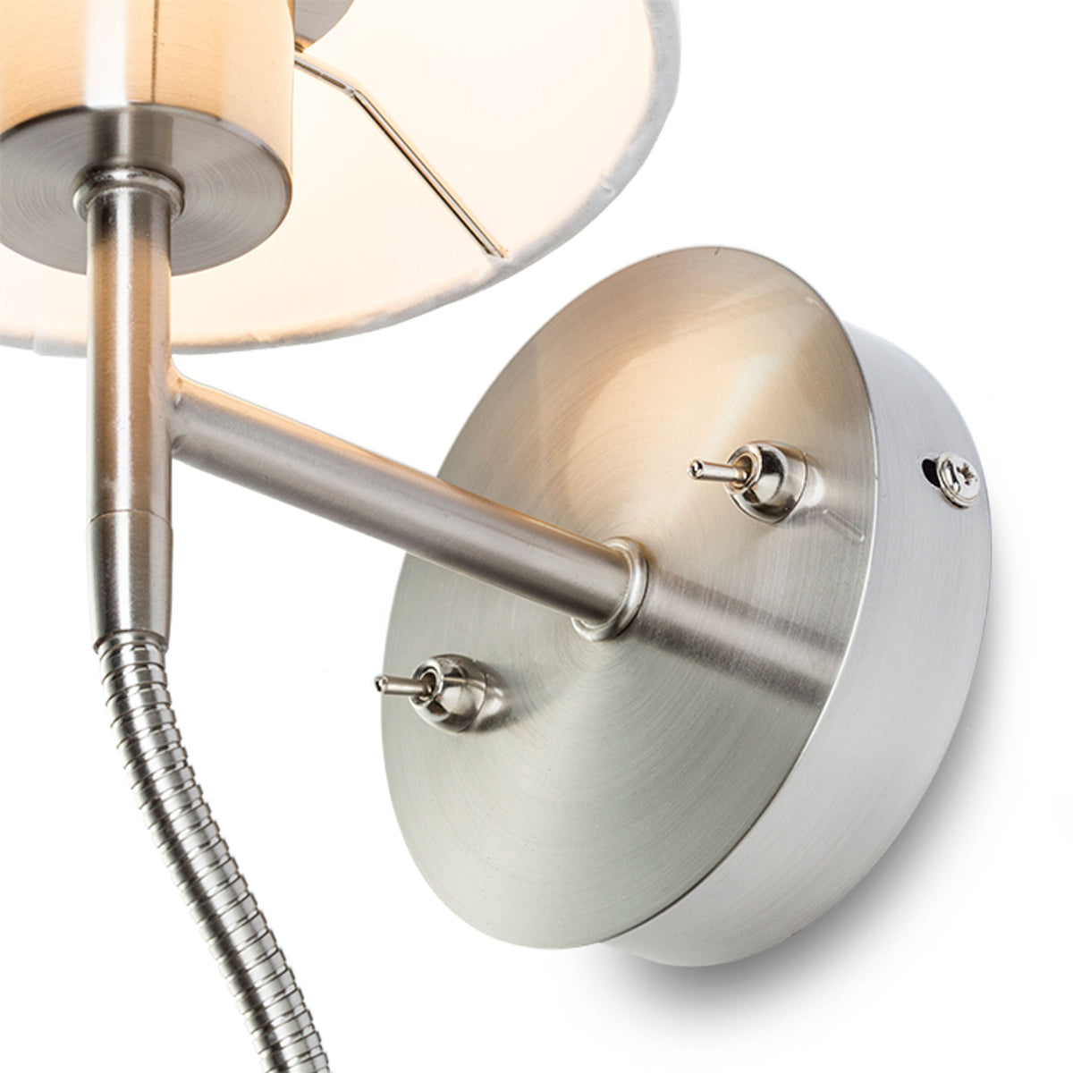 VERSA E27 with LED reading spot | wall lamp with textile shade and swan neck | two switches | white with matt nickel | with or without light source