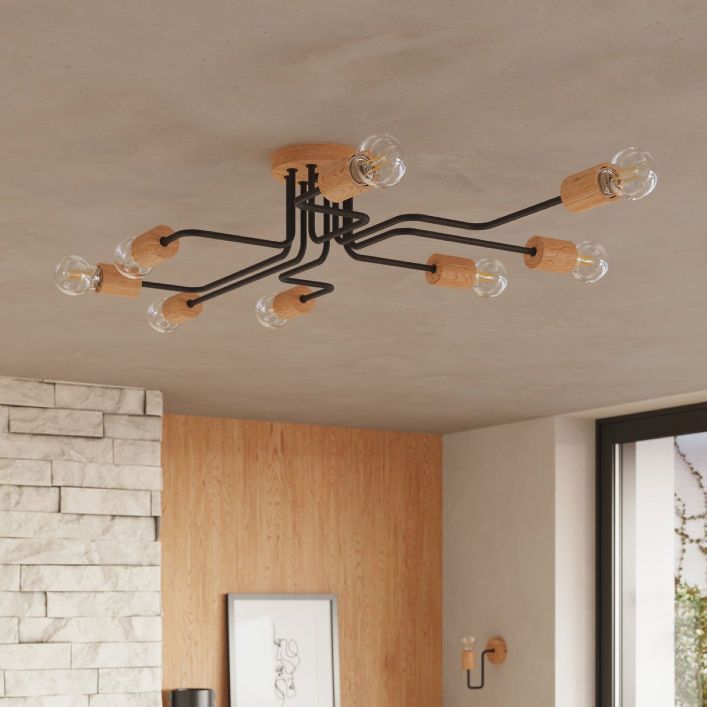 TIMBO geometrische wandlamp zwart/naturel hout