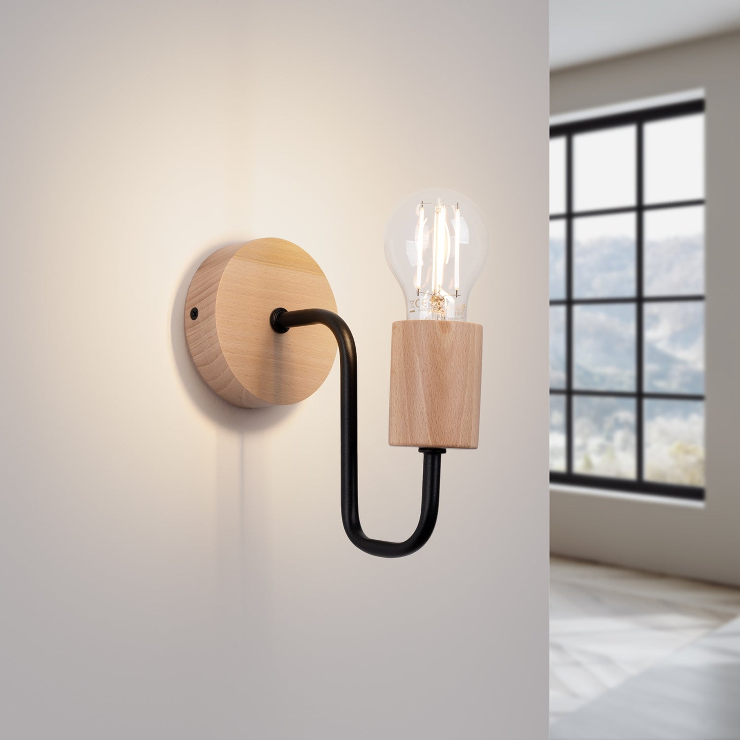TIMBO geometrische wandlamp zwart/naturel hout