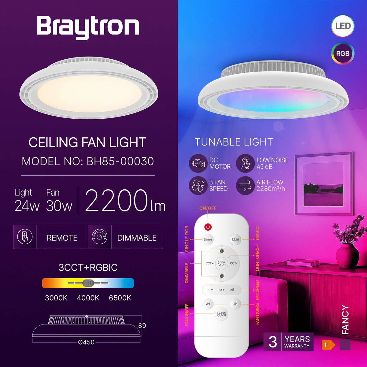 Braytron FANCY 45 RGB plafondventilator sfeerbeeld