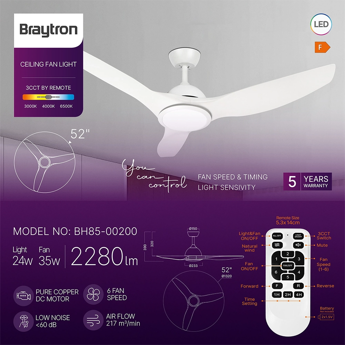Braytron FANCY 52 plafondventilator wit sfeerbeeld