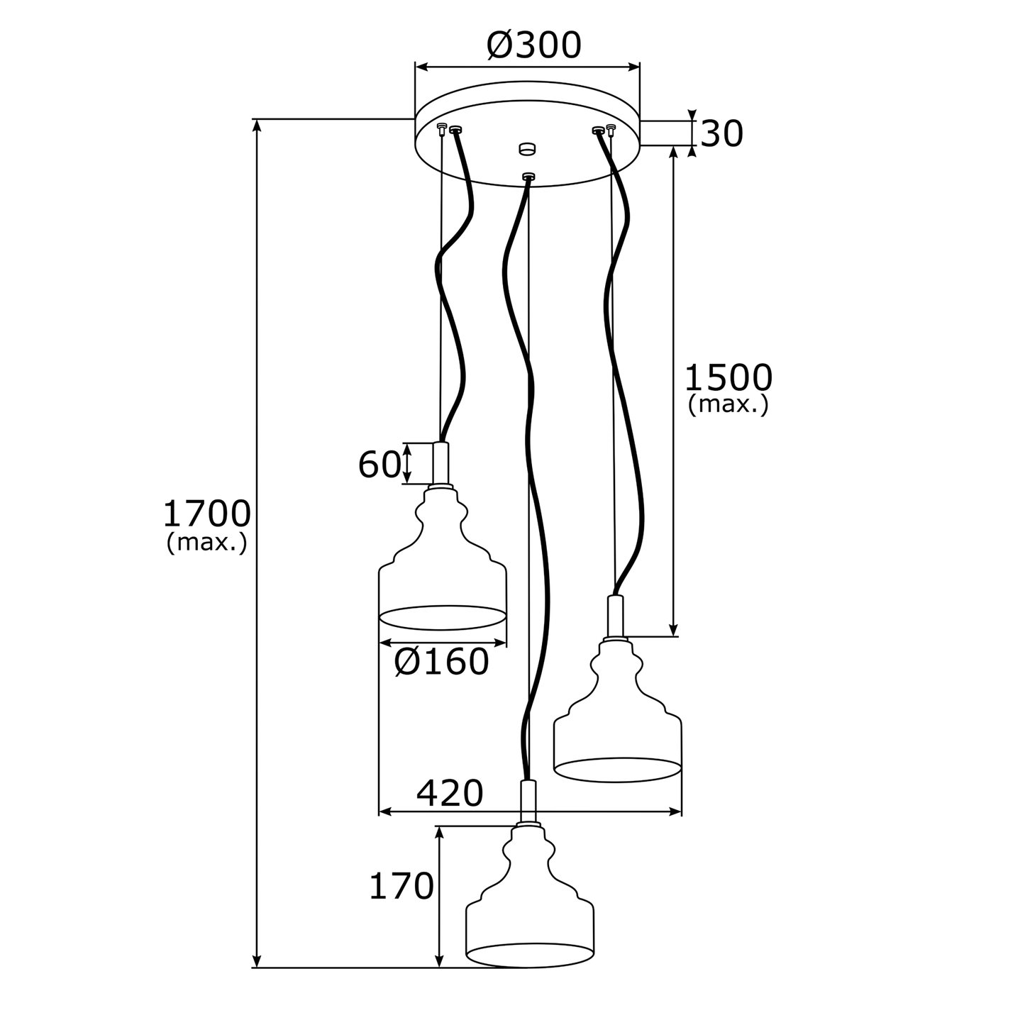 Cruz 3-lichts hanglamp technische tekening met afmetingen