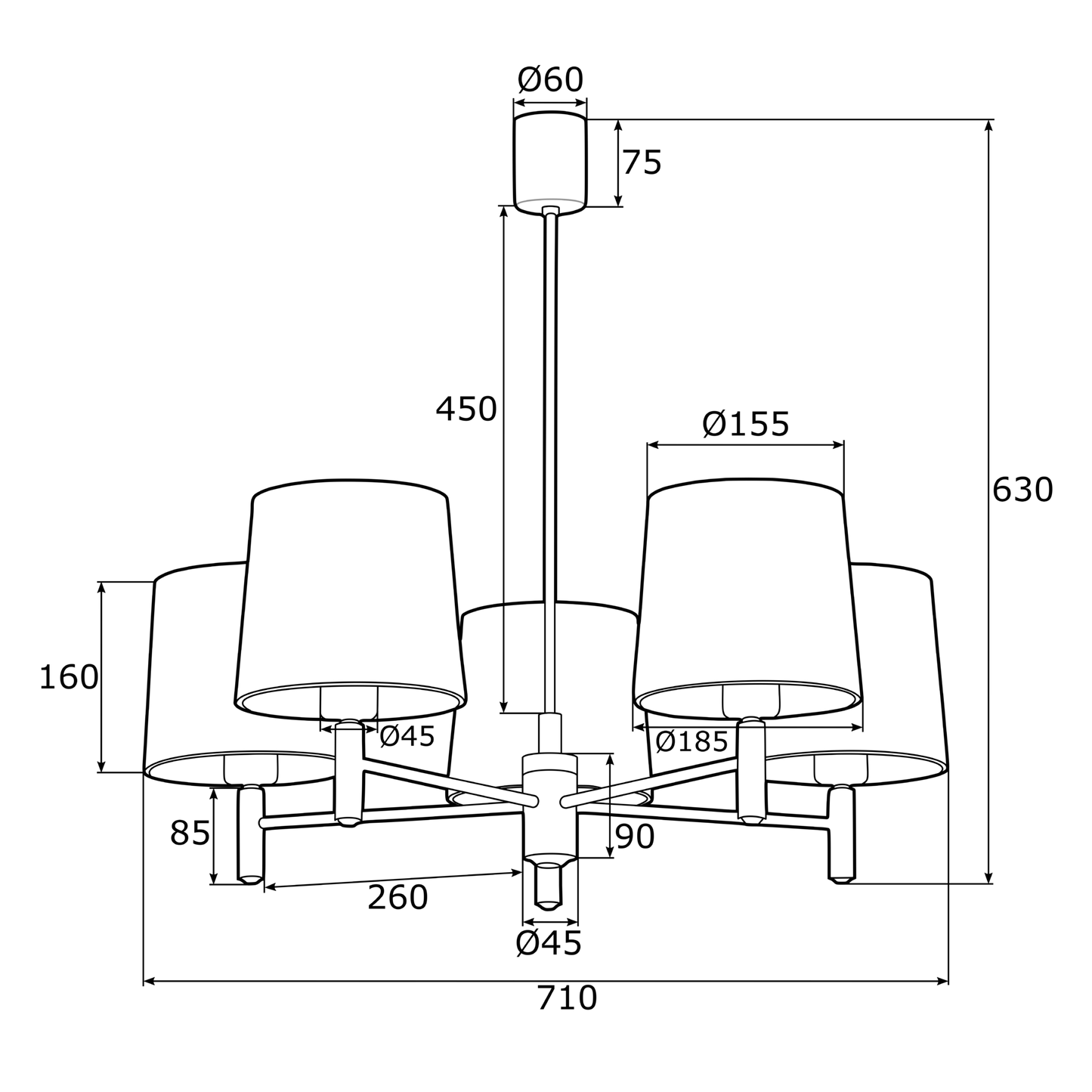 Ponte 5-lichts technische tekening met afmetingen