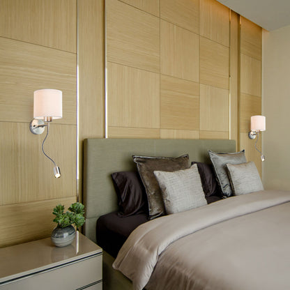 VERSA E27 with LED reading spot | wall lamp with textile shade and swan neck | two switches | white with matt nickel | with or without light source