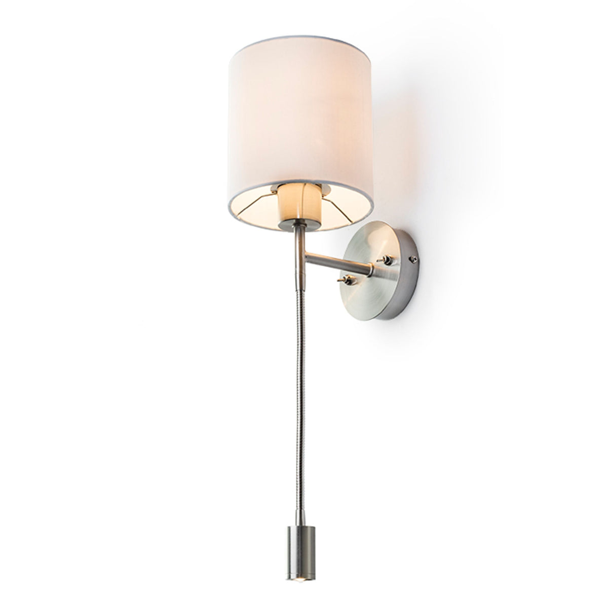 VERSA E27 with LED reading spot | wall lamp with textile shade and swan neck | two switches | white with matt nickel | with or without light source