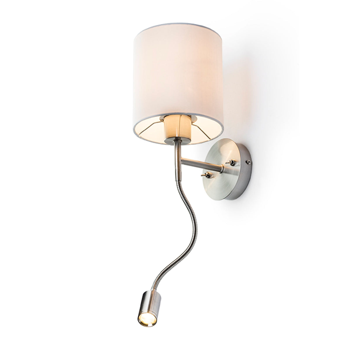 VERSA E27 with LED reading spot | wall lamp with textile shade and swan neck | two switches | white with matt nickel | with or without light source