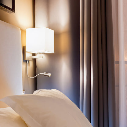 TAINA | wall lamp with fabric shade and LED reading light | two switches | white with matte nickel | with or without bulb