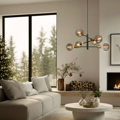 ARTEMIA | designové závěsné svítidlo se 6 světly a nastavitelnými rameny | E27 | černé s mosazí | se světelným zdrojem nebo bez něj
