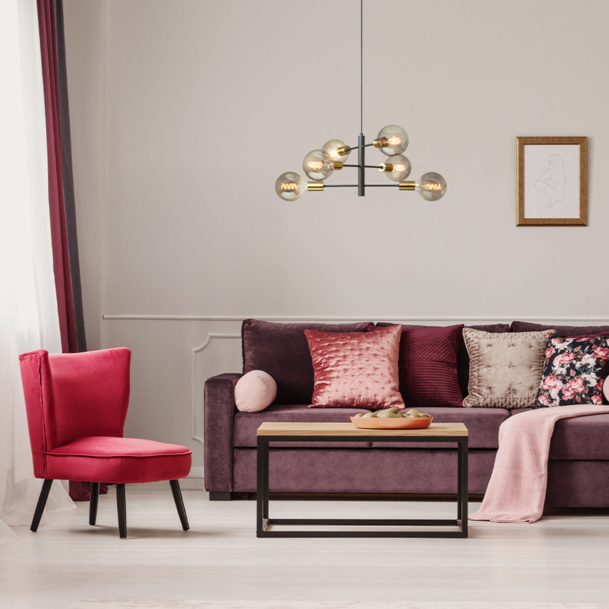 ARTEMIA | designové závěsné svítidlo se 6 světly a nastavitelnými rameny | E27 | černé s mosazí | se světelným zdrojem nebo bez něj