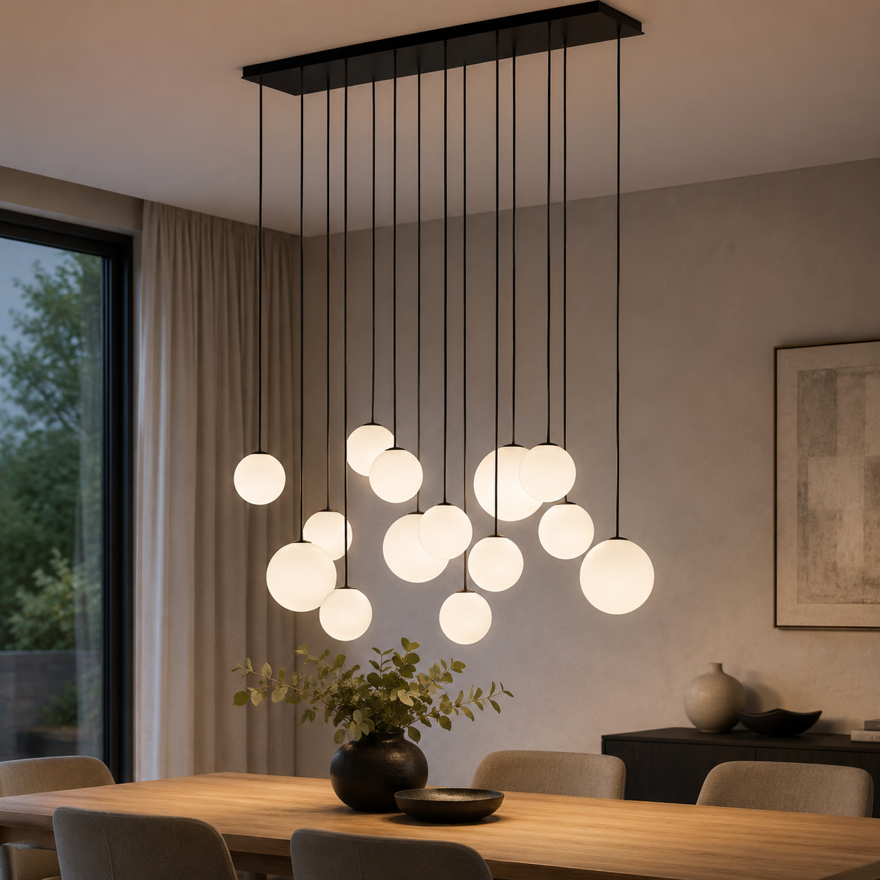 SNOWBALL XIV | lineaire hanglamp | 14 glazen bollen | G9