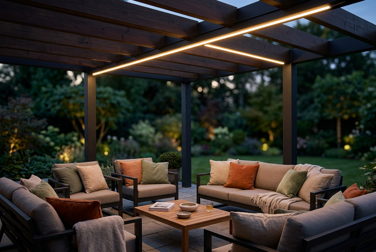 TRACK IP65 LED LINE lichtlijn onder een terrasoverkapping bij avond